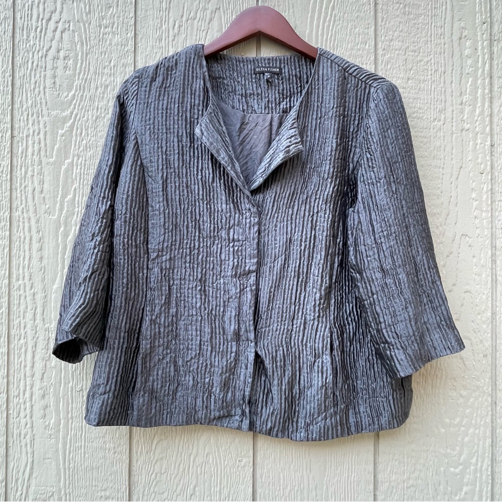 Eileen Fisher blazer Womens M‎ Charcoal Silk Snap Button Pockets quite luxury